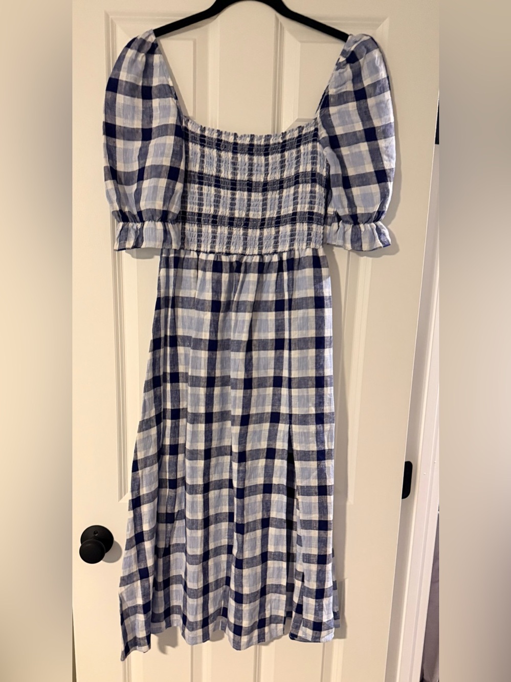 Reformation Blue and White Plaid Puff-Sleeve Dress